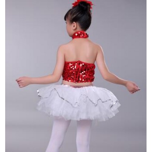 Modern dance costumes for girls  childen kids blue red silver black pailleltte singers host chorus school competition dresses costumes outfits